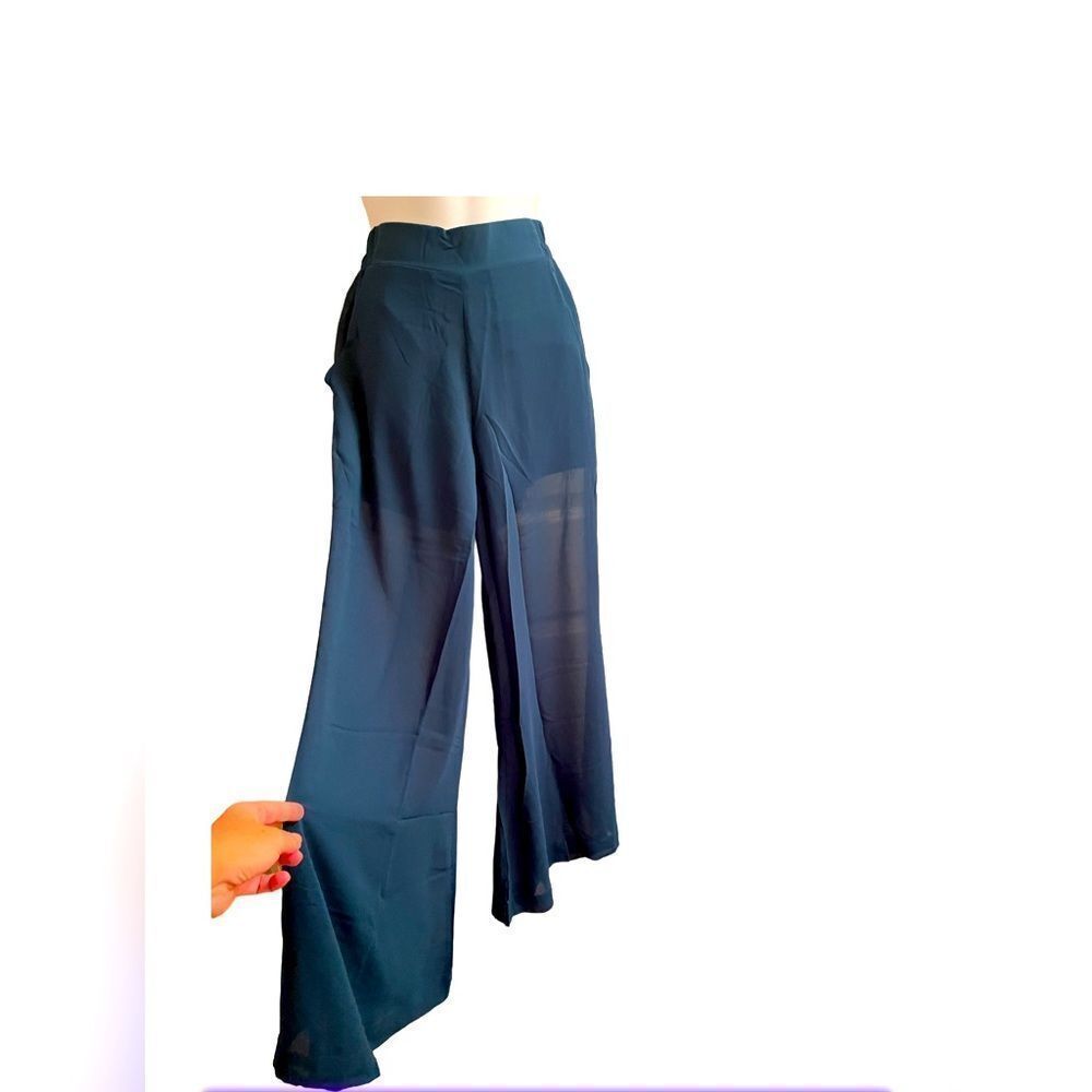 UNIQ Sheer Green Wide Leg Dressy Casual Pants Pockets